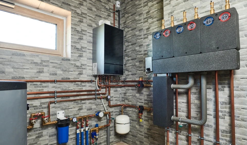 Salle technique intérieure avec installation de chauffage moderne