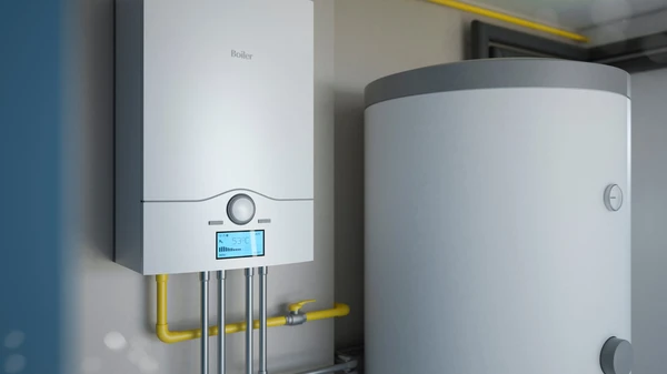 Int&eacute;rieur d'une chaufferie moderne avec chaudi&egrave;re murale blanche &agrave; affichage digital et ballon d'eau chaude cylindrique