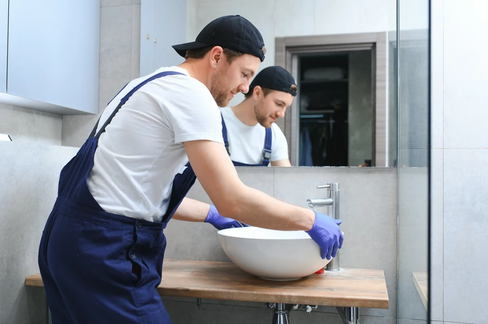 Deux plombiers en salopette bleue et casquette installent un lavabo vasque rond blanc sur plan de travail bois dans une salle de bain moderne