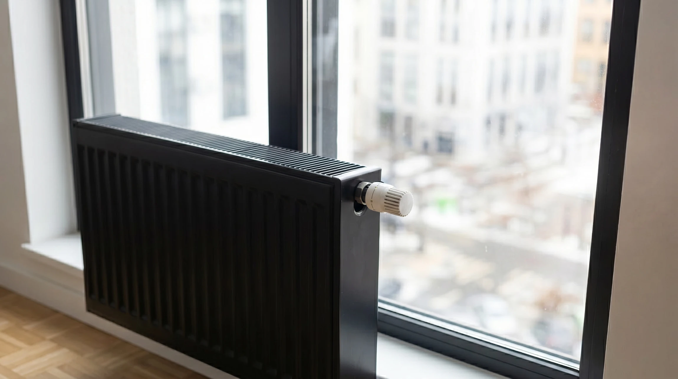 Technicien en combinaison bleue transportant un radiateur blanc &agrave; ailettes dans un environnement int&eacute;rieur avec plusieurs radiateurs install&eacute;s au mur