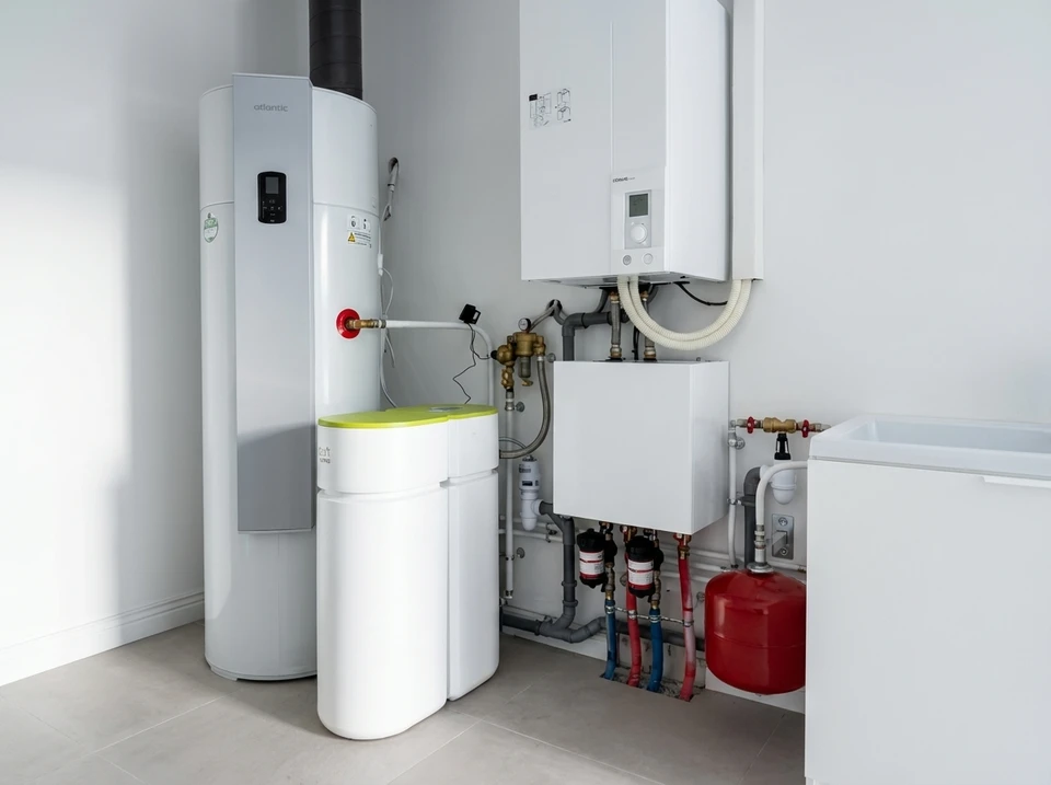 Technicien en vêtements de travail installant un radiateur blanc à panneaux dans un intérieur résidentiel