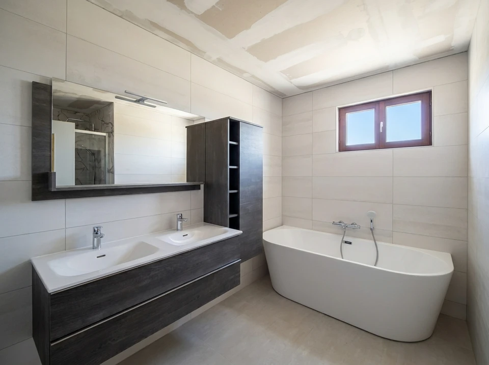Salle de bains moderne avec douche à l'italienne en verre, receveur blanc bas, colonne de douche thermostatique chromée et pommeau de tête fixe